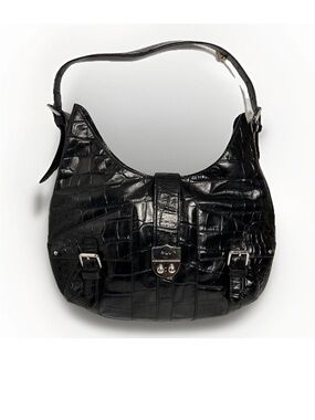 Ralph Lauren Acadian Croc Embossed Black Leather Hobo Handbag, New MSRP $298